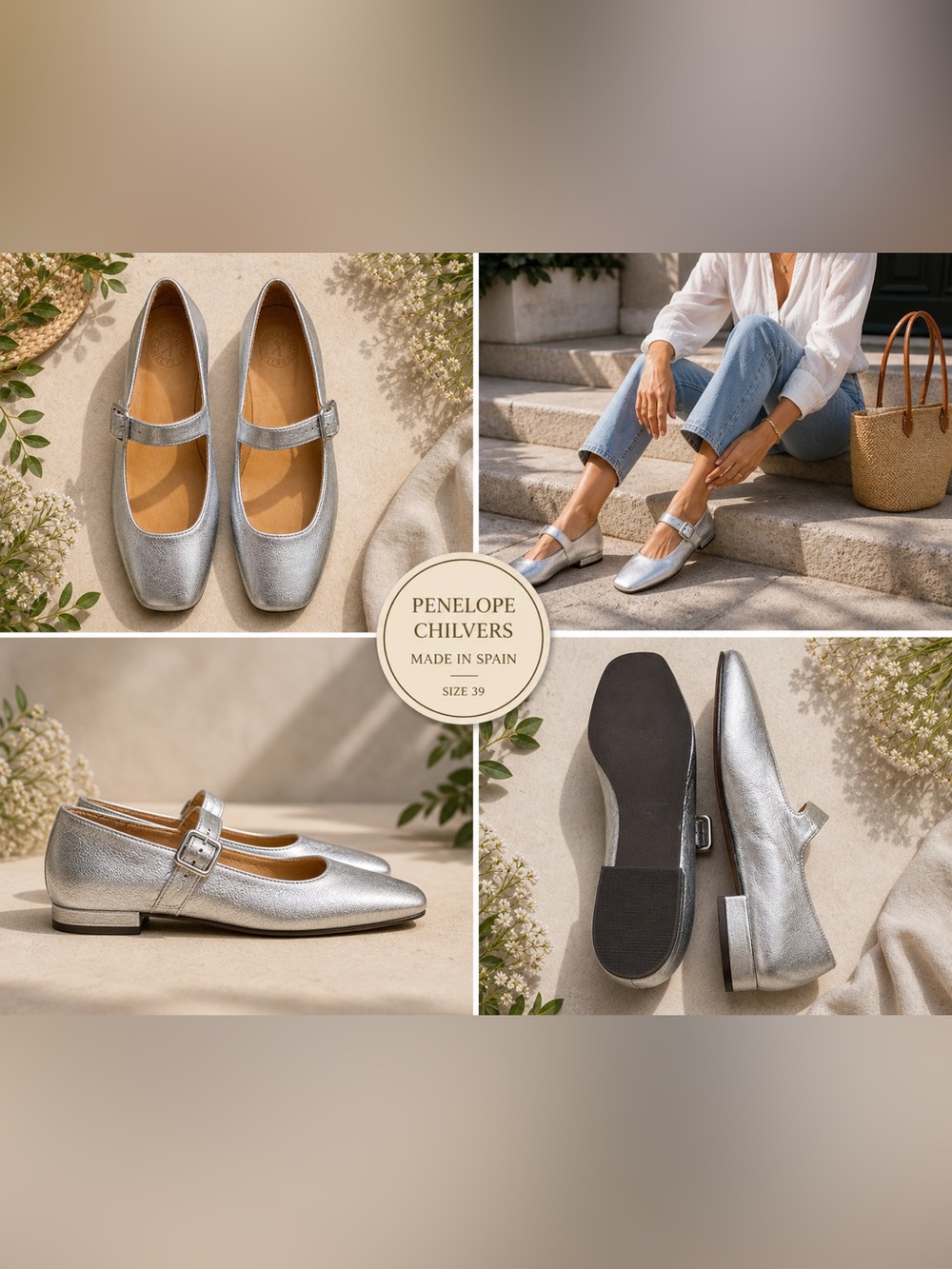 Penelope Chilvers Silver Leather Mary Jane Flats Size 39 Ballet Square Toe - Picture 5 of 7